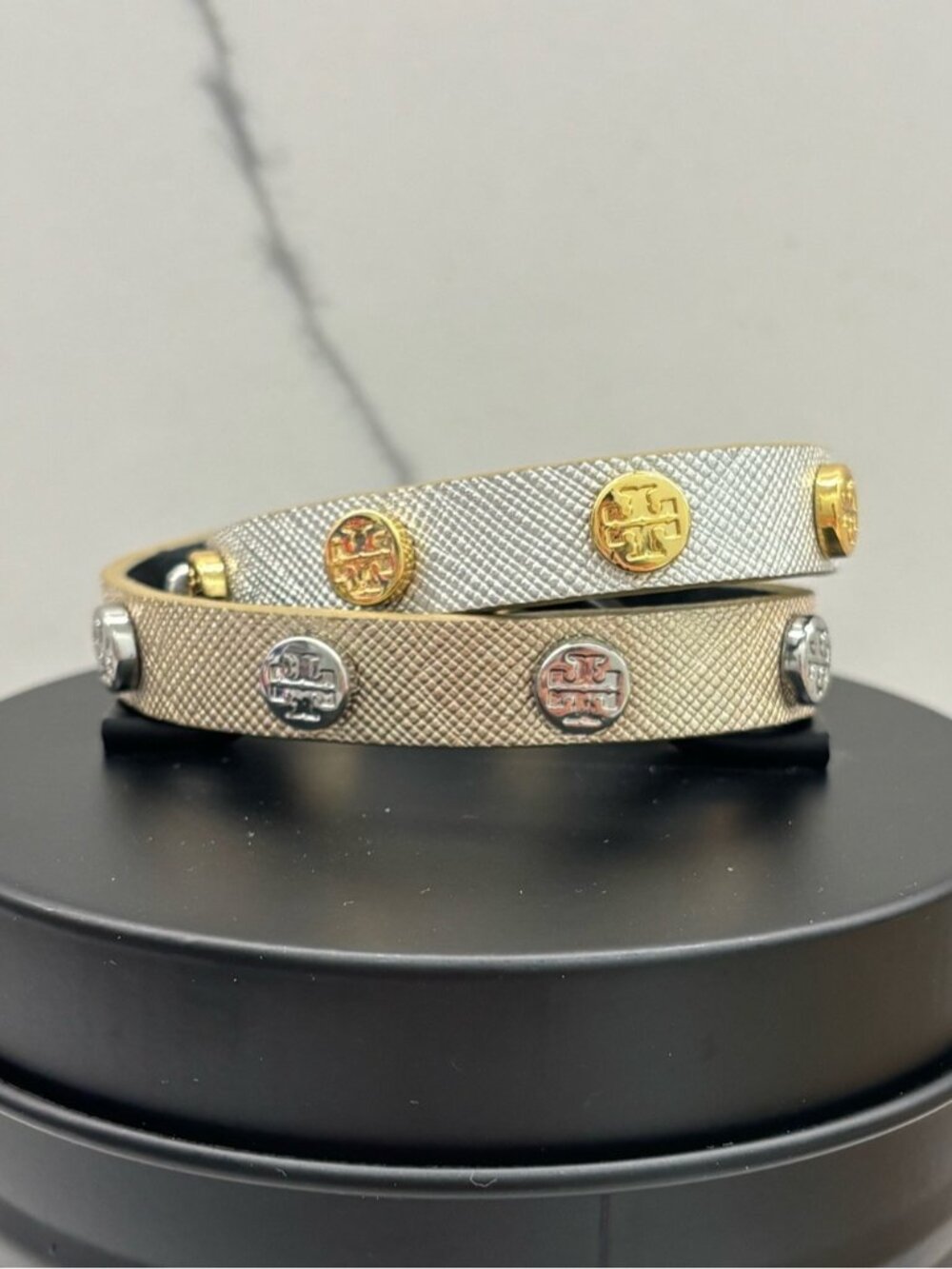 Tory Burch Silver Gold Metallic Leather Double Wrap Logo Stud Bracelet